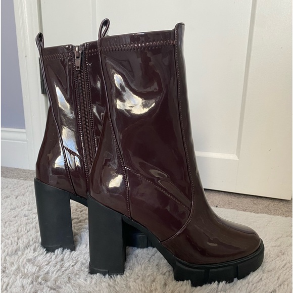 ALDO Brown/Burgundy Patent Leather Platform Chunky Ankle Boots. Never worn. - Picture 2 of 5